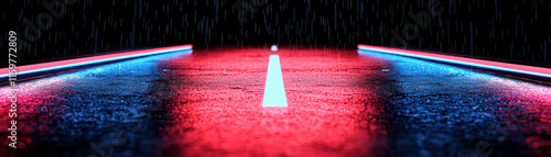 close up view of wet road illuminated by glowing neon lights, creating vibrant atmosphere. rain adds reflective quality to scene