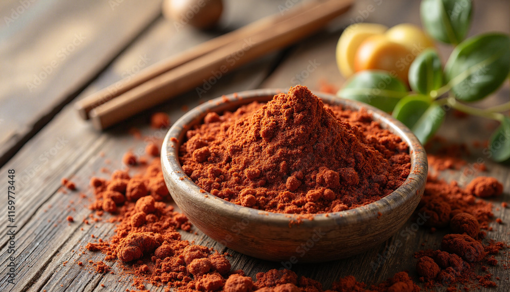 Sumac Powder in Rustic Wooden Bowl with Natural Elements on Wooden Table Sumac Powder in Rustic Wooden Bowl with Natural Elements on Wooden Table