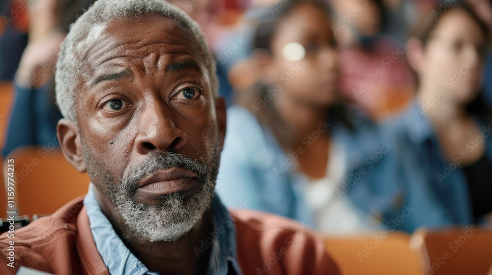 Mature male professor in a classroom setting with a diverse student body, expressing thoughtfulness or concern. Mature male professor in a classroom setting with a diverse student body, expressing thoughtfulness or concern.