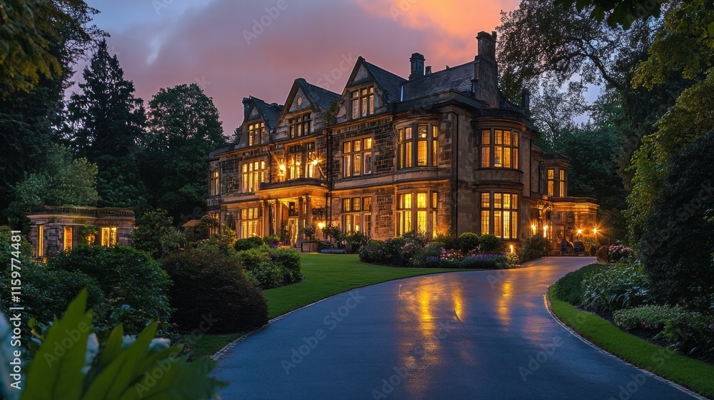 Luxury mansion illuminated at dusk surrounded by lush gardens and a scenic driveway. Generative AI Luxury mansion illuminated at dusk surrounded by lush gardens and a scenic driveway. Generative AI