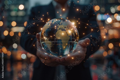 Person holding a globe with glowing dots, symbolizing global connectivity and technological advancements.