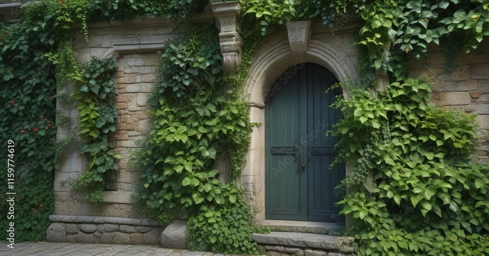 A lush wall covered in green ivy vines with tendrils wrapping around the stone facade , outdoor plants, nature A lush wall covered in green ivy vines with tendrils wrapping around the stone facade , outdoor plants, nature