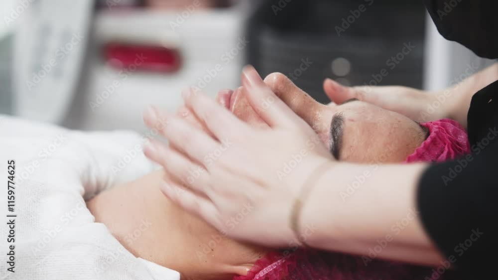 A cosmetologist's hands applying cream to a young woman's face in a beauty salon. Skin care treatment, relaxation, and attention to appearance. Perfect for content about cosmetic services. A cosmetologist's hands applying cream to a young woman's face in a beauty salon. Skin care treatment, relaxation, and attention to appearance. Perfect for content about cosmetic services.