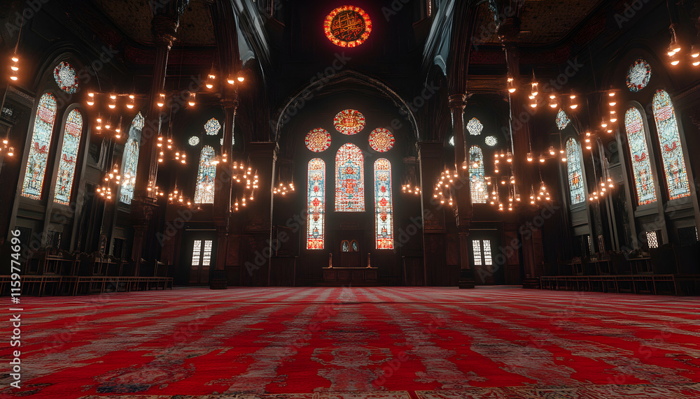 Obraz premium Serene interior of a mosque, featuring intricate stained glass windows, warm lighting, and a rich red carpet. Perfect for themes of peace, spirituality, and architecture.