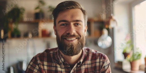 Cheerful barista with a beard greets customers at a modern coffee shop.