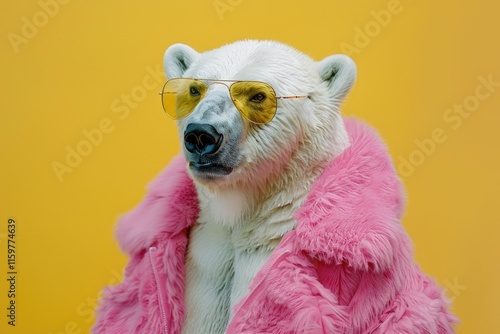 Image of a polar bear wearing sunglasses and a faux fur coat, symbolizing modern eco-fashion or conservation awareness. photo