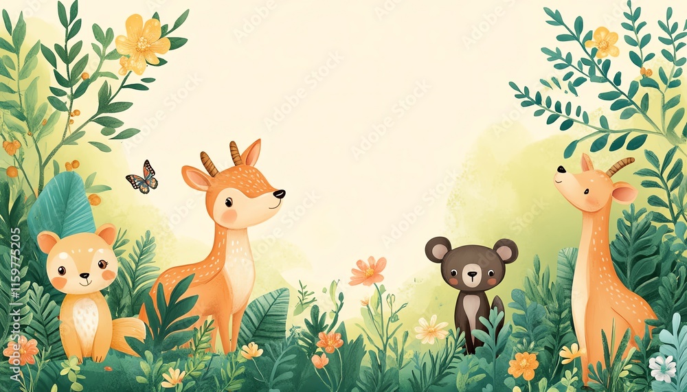 Obraz premium A heartwarming illustration for World Wildlife Day, featuring animals in their natural habitat and green forests, with space for a conservation message