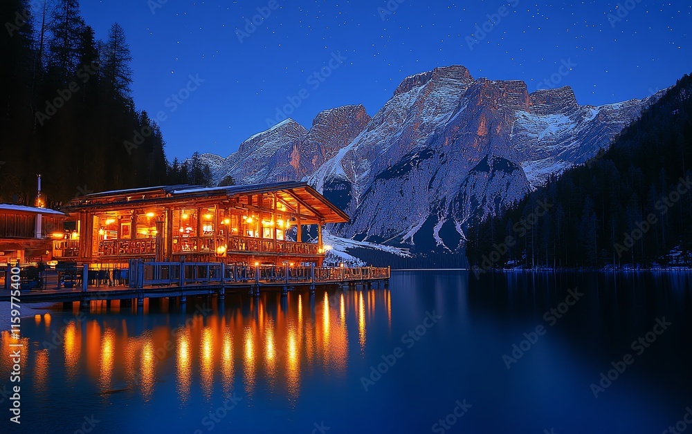 Obraz premium A magical evening at Lago di Braies, with the Dolomite mountains silhouetted against a starry night sky and the lake glowing in moonlight