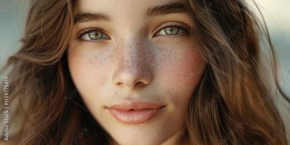Portrait of young woman with freckles and soft hair, showcasing a delicate complexion and gentle expression. Portrait of young woman with freckles and soft hair, showcasing a delicate complexion and gentle expression.