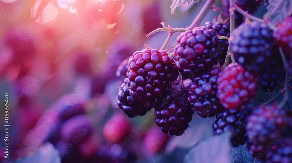 Bunch of black berries hanging from a tree. The berries are purple and shiny. The image has a moody and mysterious feel to it Bunch of black berries hanging from a tree. The berries are purple and shiny. The image has a moody and mysterious feel to it