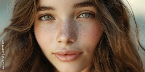 Wallpaper Mural Portrait of young woman with freckles and soft hair, showcasing a delicate complexion and gentle expression. Torontodigital.ca