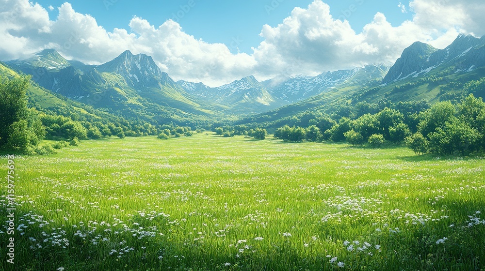 Obraz premium Mountain Valley Meadow Abundant Wildflowers Lush Green Landscape