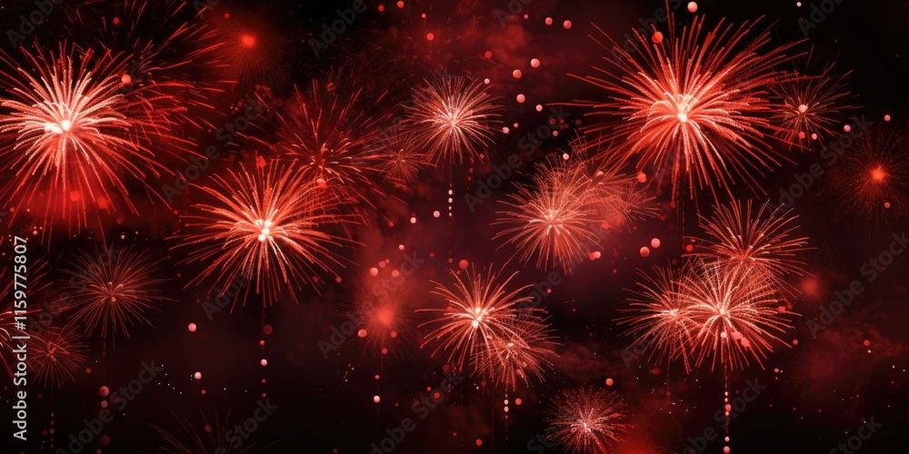 Fototapeta premium The image displays a lively fireworks show with red and white bursts against a dark background, creating a festive atmosphere.