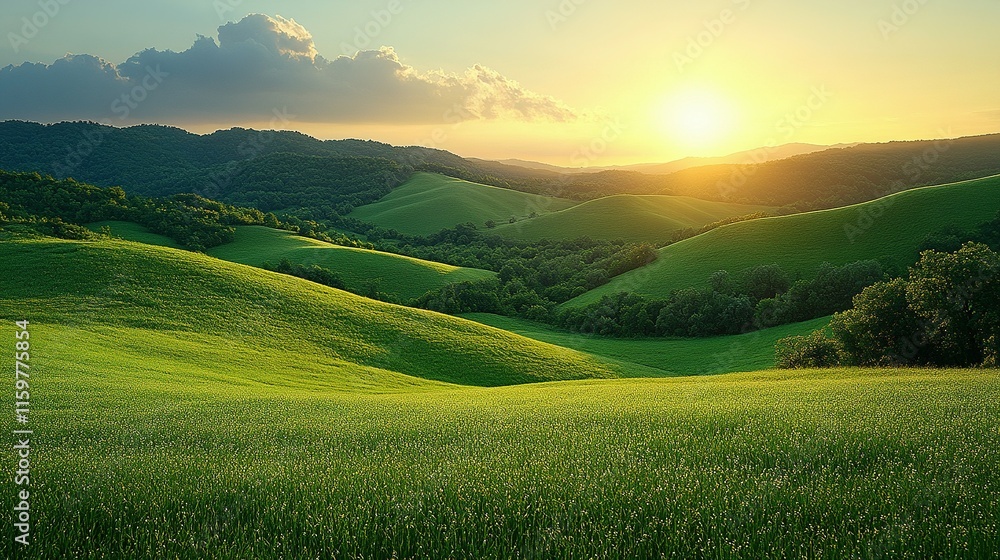 Obraz premium Rolling Green Hills Sunset Landscape Scene