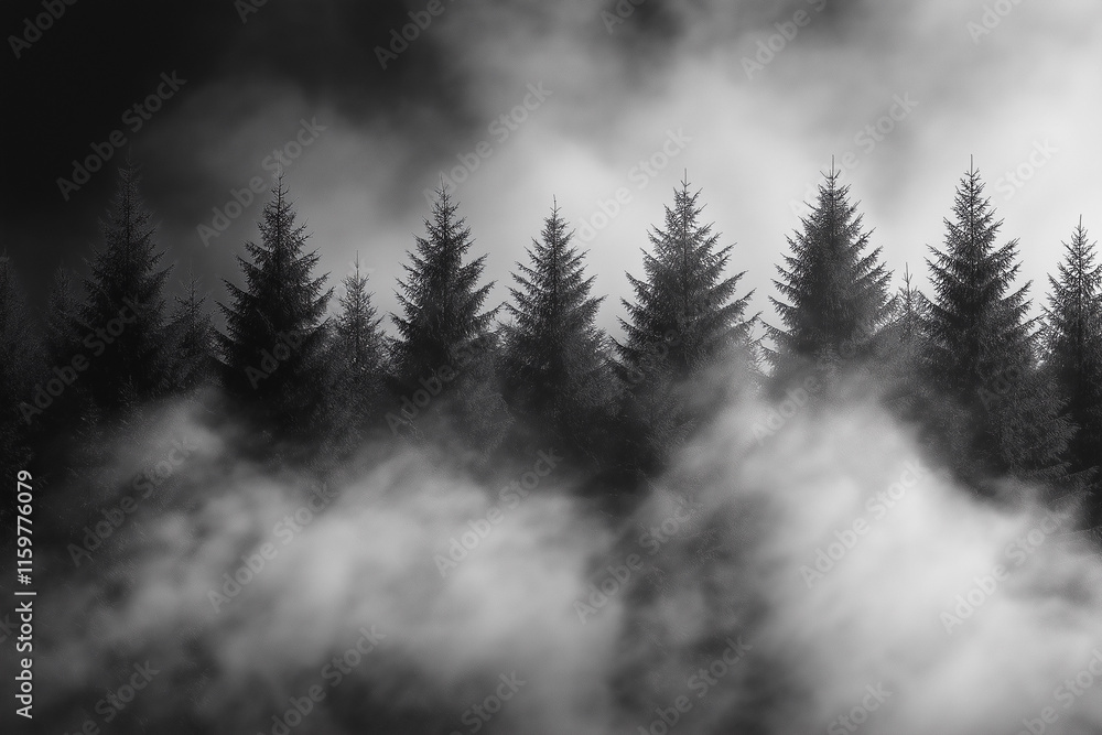 Misty forest, dark and mysterious, evergreen trees shrouded in fog. Black and white. Misty forest, dark and mysterious, evergreen trees shrouded in fog. Black and white.
