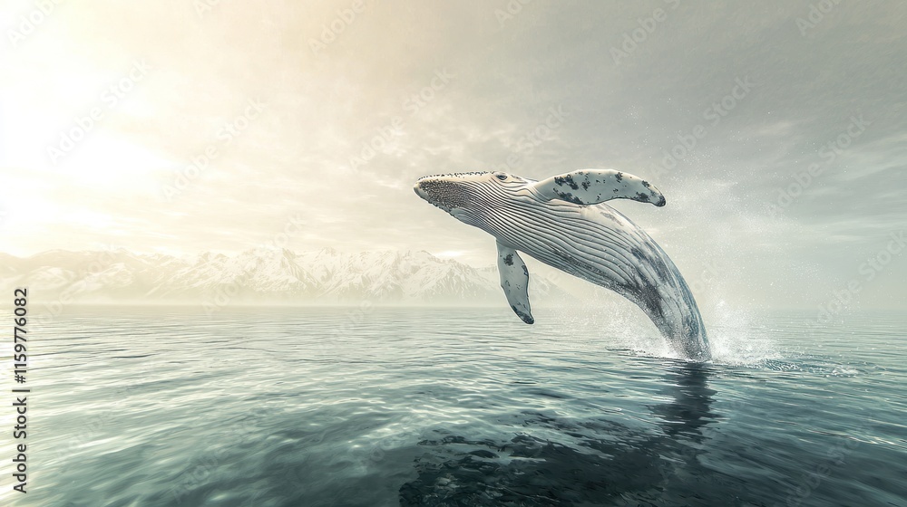 Fototapeta premium Humpback whale breaching in ocean, mountains background.