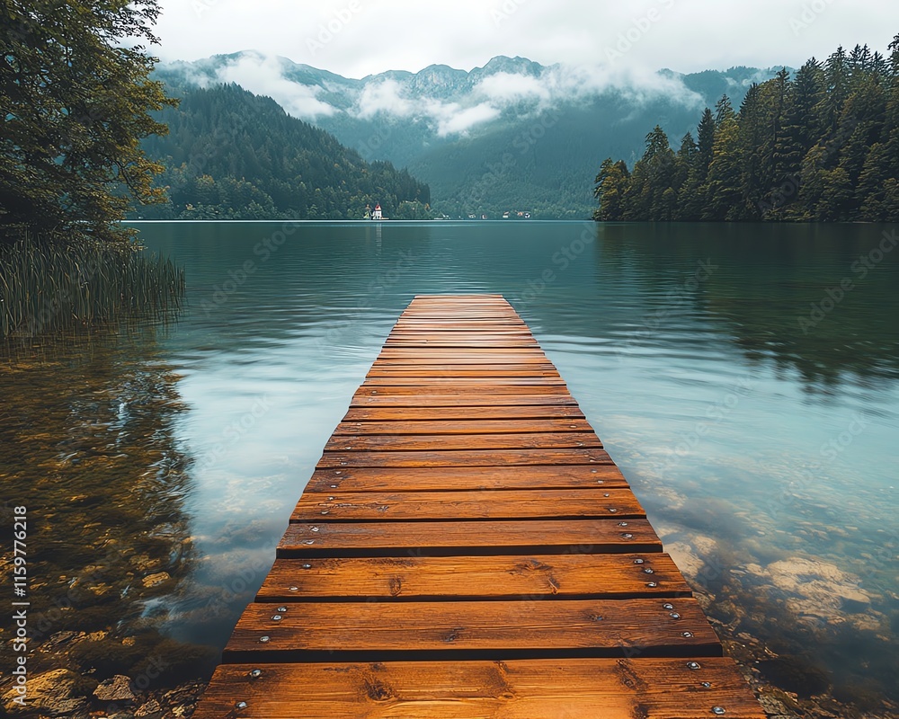 Obraz premium A rustic wooden walkway hugging the shoreline of Lake Bled, surrounded by lush forests and distant alpine peaks