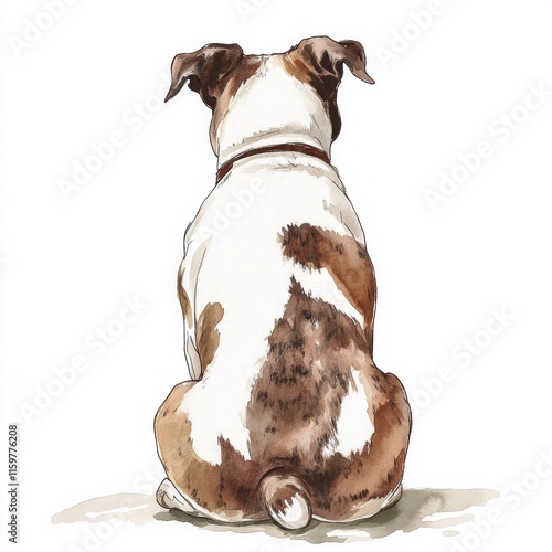 Back view of seated bulldog with brown and white coat