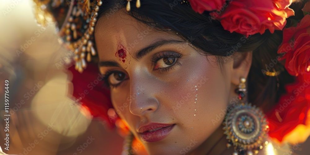 Elegantly adorned South Asian bride with vibrant red and gold attire, including ornate headpiece, traditional jewelry and makeup. Elegantly adorned South Asian bride with vibrant red and gold attire, including ornate headpiece, traditional jewelry and makeup.