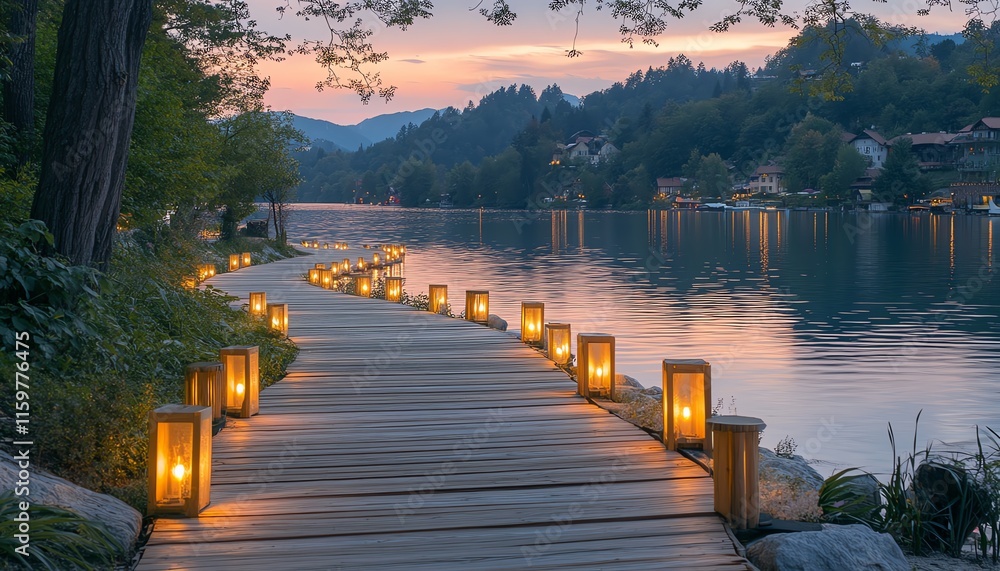 Obraz premium A serene wooden walkway winding along Lake Bled at dusk, with soft pink skies and lanterns lighting the way