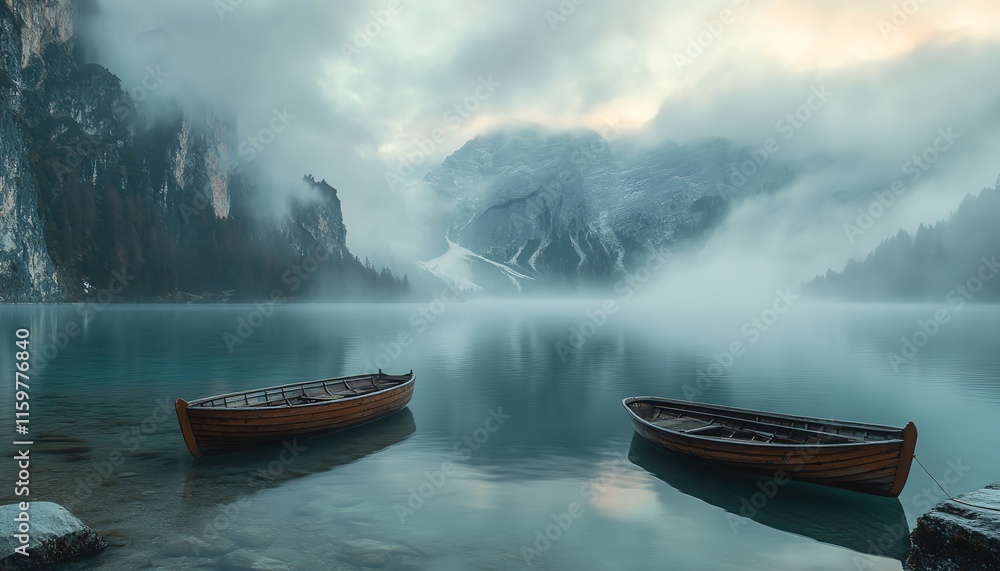 Fototapeta premium A tranquil scene of Lago di Braies at sunrise, with pastel skies and wooden boats floating on the crystalclear water