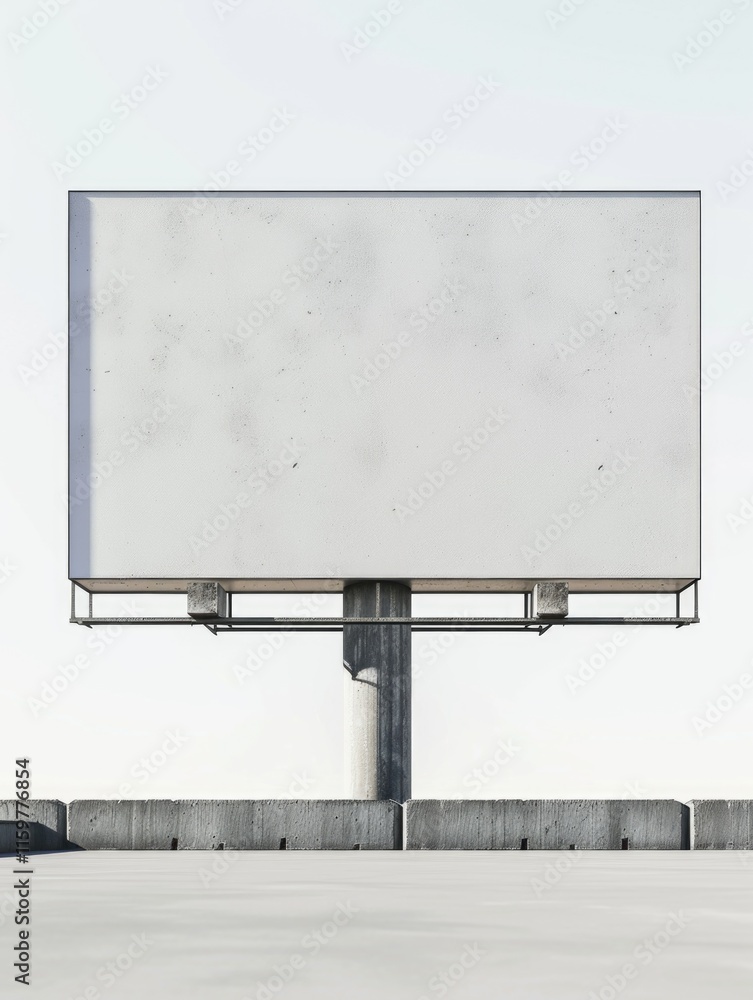Obraz premium 3D rendering of a large blank billboard, with metal frame on concrete base, set against an urban backdrop.