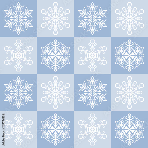 Blue tiles with snowflakes seamless pattern design. Background with snow elements. Geometric repetitive illustration. Winter wallpaper art. Digital paper.