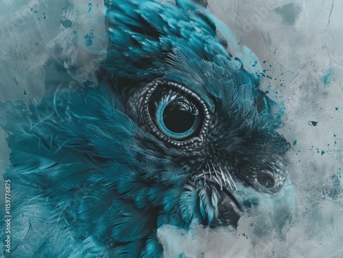 A digital watercolor portrait of a blue bird with feathered eye and abstract elements in the background. photo