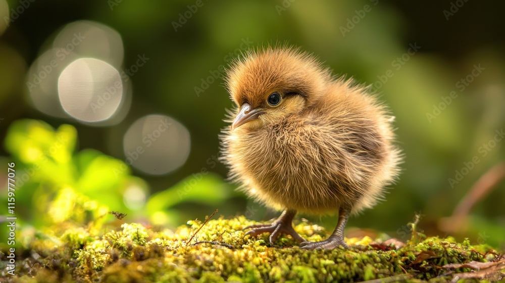 Fototapeta premium Adorable fluffy brown chick standing on moss.