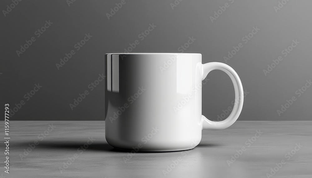 A single, plain white coffee mug on a grey surface against a dark grey background. A single, plain white coffee mug on a grey surface against a dark grey background.