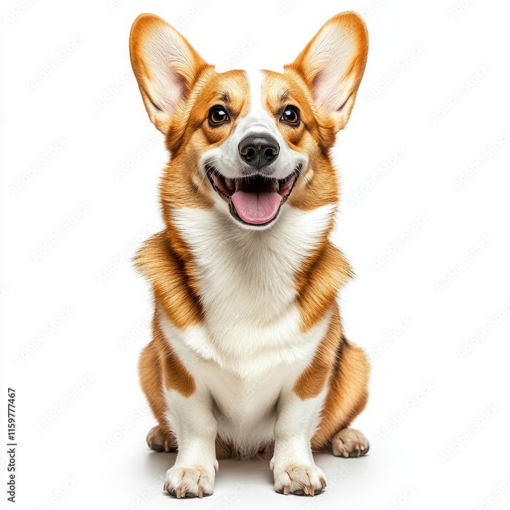 Smiling corgi with fluffy ears and playful expression against white background Smiling corgi with fluffy ears and playful expression against white background