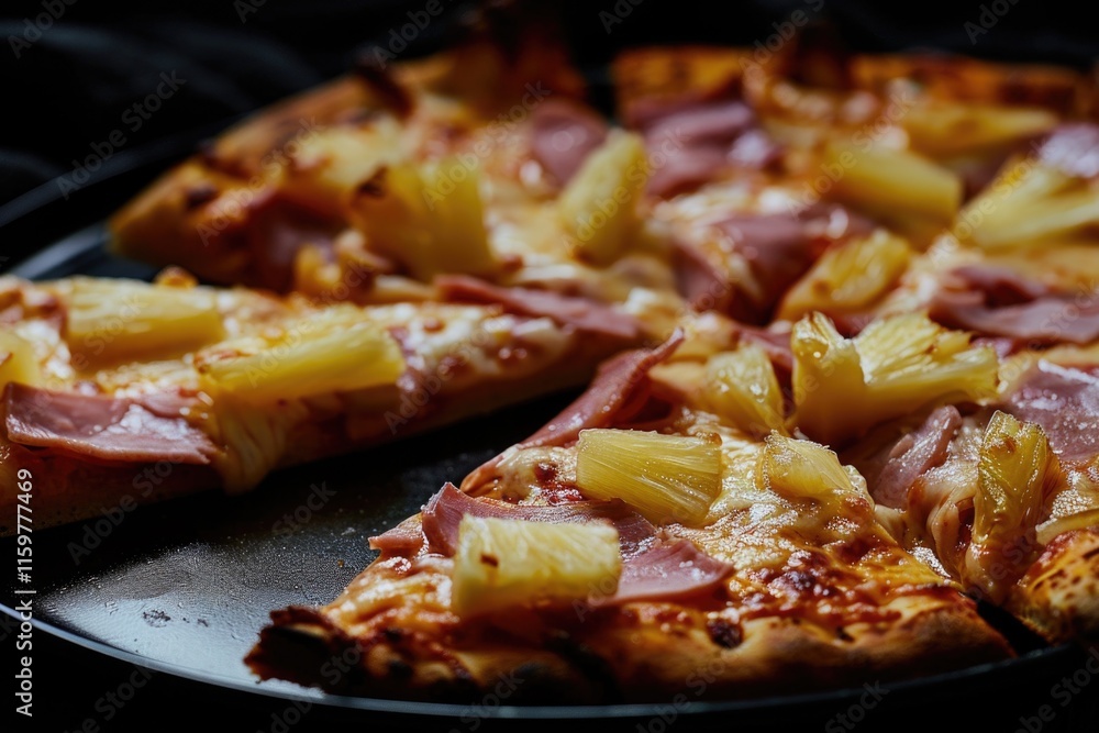 A close-up of a mouthwatering pizza with ham and pineapple toppings. The pizza is served on a black pan, ready to be enjoyed by diners. A close-up of a mouthwatering pizza with ham and pineapple toppings. The pizza is served on a black pan, ready to be enjoyed by diners.