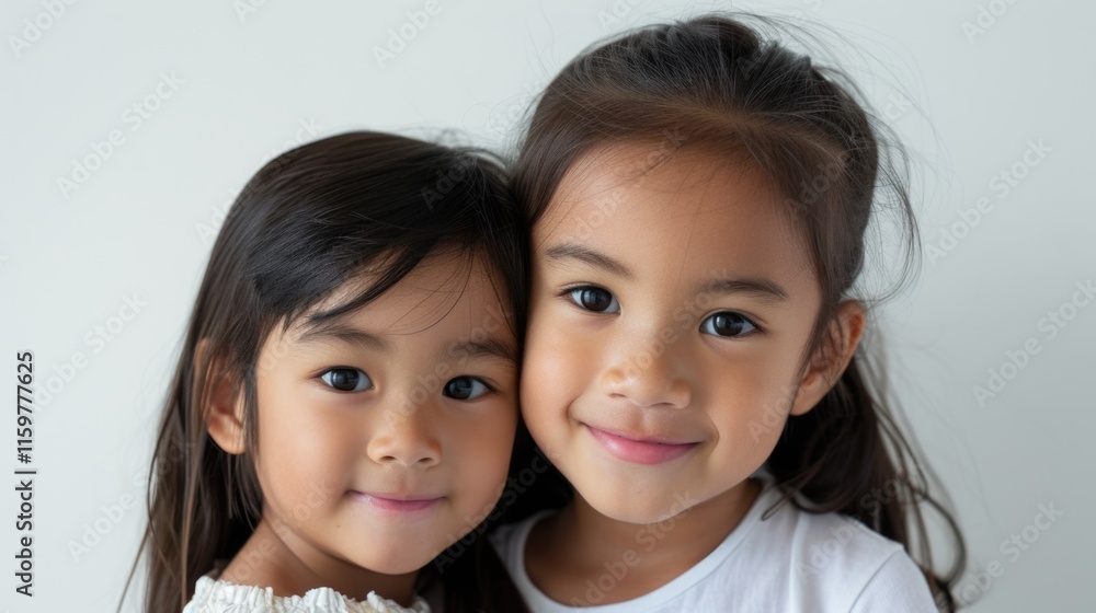 Two young sisters with smiles on their faces. They appear close and are likely siblings, enjoying each other's company in this candid shot. Two young sisters with smiles on their faces. They appear close and are likely siblings, enjoying each other's company in this candid shot.