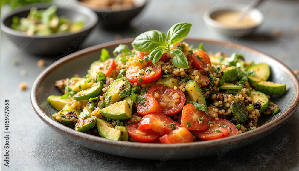 Colorful Vegan Protein Bowl with Quinoa and Fresh Vegetables Detailed Food Photography Vibrant Greens and Reds on Ceramic Plate Representing a Nutritionist’s Diet Plan Colorful Vegan Protein Bowl with Quinoa and Fresh Vegetables Detailed Food Photography Vibrant Greens and Reds on Ceramic Plate Representing a Nutritionist’s Diet Plan