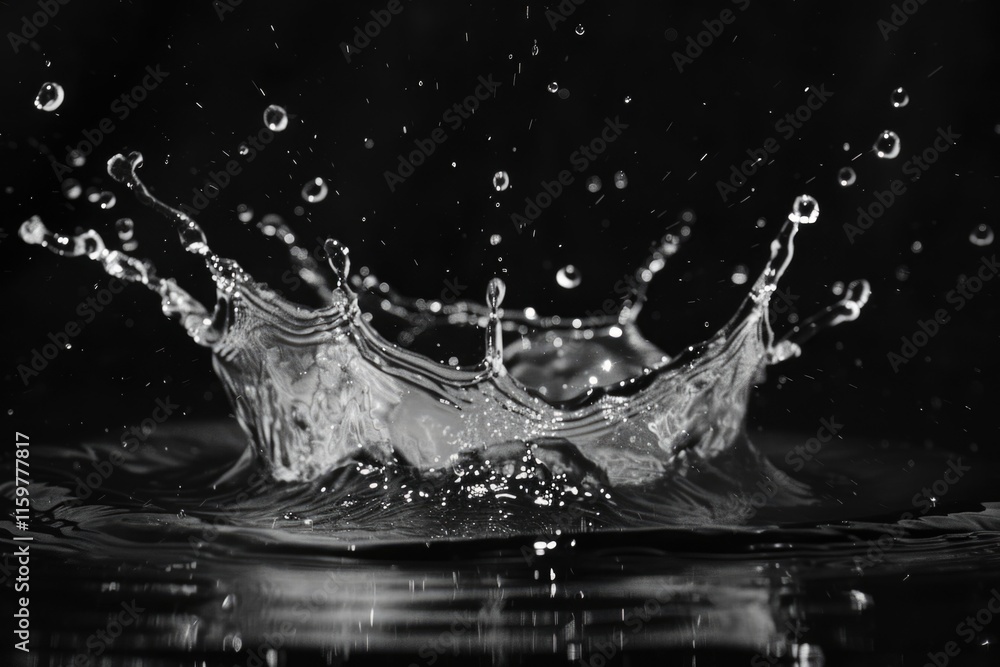 A dynamic water droplet splash captured in a freeze-frame, showcasing the beauty of nature and the science behind water's freezing and thawing. A dynamic water droplet splash captured in a freeze-frame, showcasing the beauty of nature and the science behind water's freezing and thawing.