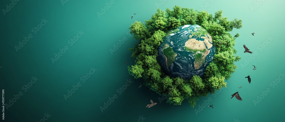 Fototapeta premium Earth Day concept with a green Earth, abundant trees, wildlife, and oceans, symbolizing ecofriendly choices to preserve nature for future generations