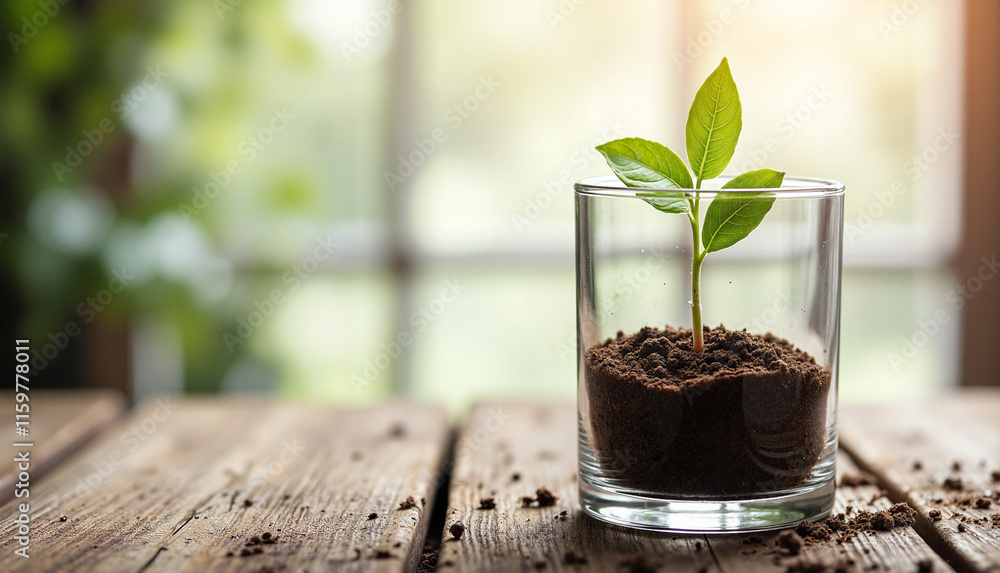 Sprouting Seeds Glass with Green Seedling in Soil Minimalist Nature Concept on Rustic Wooden Table Sprouting Seeds Glass with Green Seedling in Soil Minimalist Nature Concept on Rustic Wooden Table