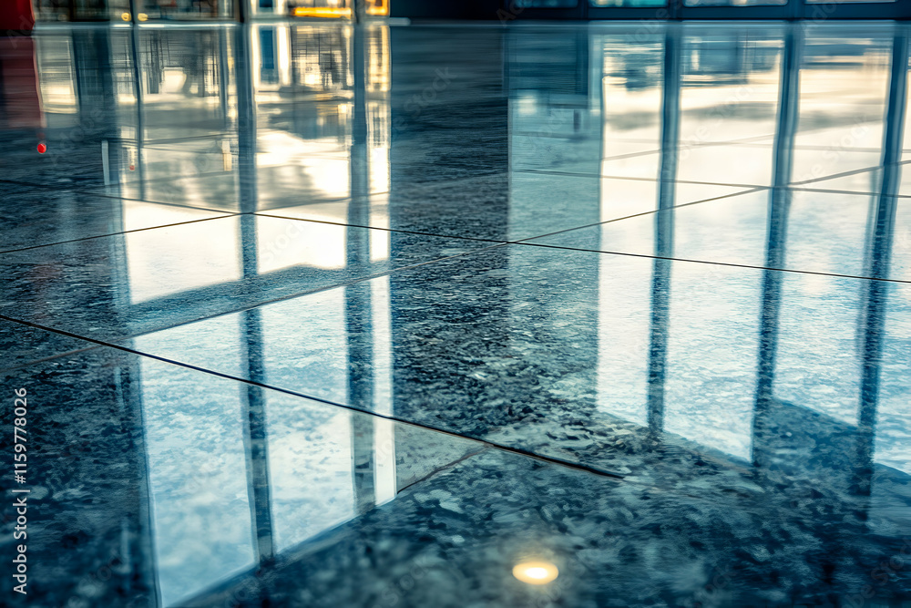 Obraz premium Polished granite floor tiles reflecting modern architecture, showcasing clean lines and a sleek interior design.