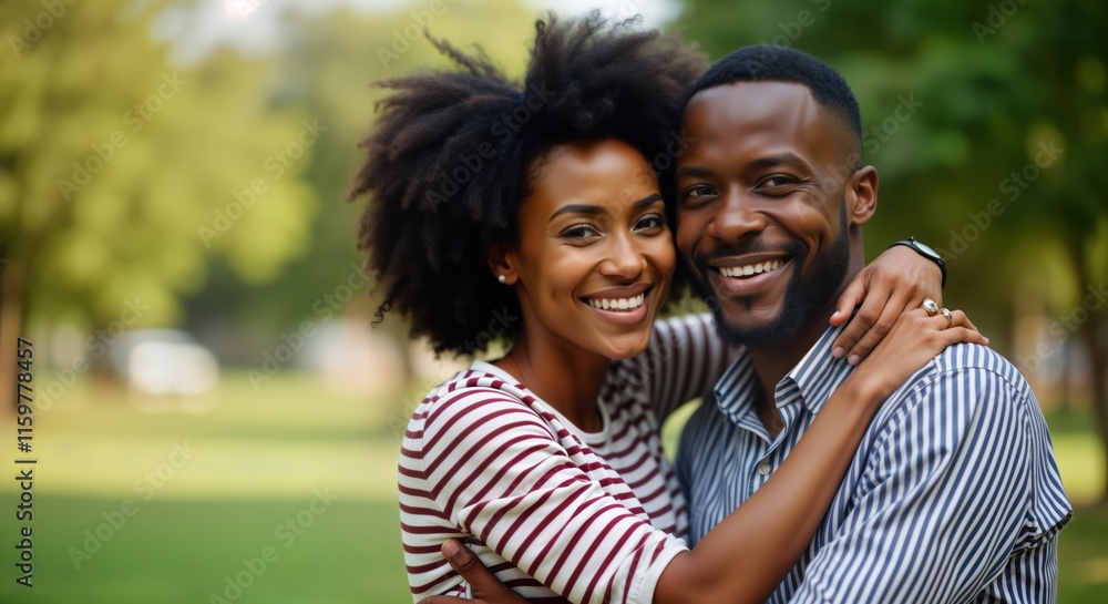 Happy African couple embracing outdoors. Looking at camera with cheerful expressions. Couple hugging, enjoying time together in park. Stylish couple in summer attire. Lifestyle photo love, happiness. Happy African couple embracing outdoors. Looking at camera with cheerful expressions. Couple hugging, enjoying time together in park. Stylish couple in summer attire. Lifestyle photo love, happiness.