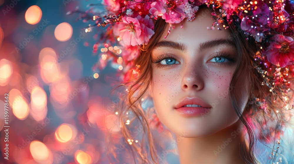 Woman with floral crown and glowing makeup Woman with floral crown and glowing makeup