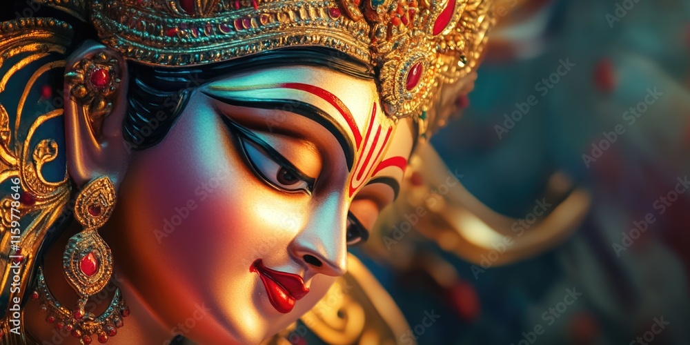 Naklejka premium A depiction of the Hindu goddess Durga, adorned with golden jewelry and set against a backdrop of traditional Indian decorations.