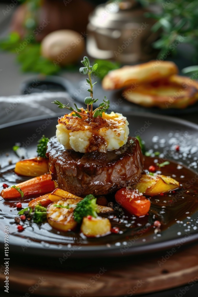 A sumptuous meal of a beef steak served alongside seasonal vegetables, presented elegantly on a plate. This dish is indicative of high-end cuisine and an artful culinary experience. A sumptuous meal of a beef steak served alongside seasonal vegetables, presented elegantly on a plate. This dish is indicative of high-end cuisine and an artful culinary experience.