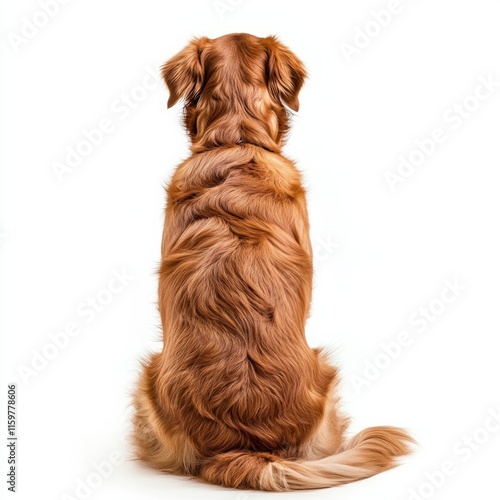 Golden retriever's fluffy back view against white background photo