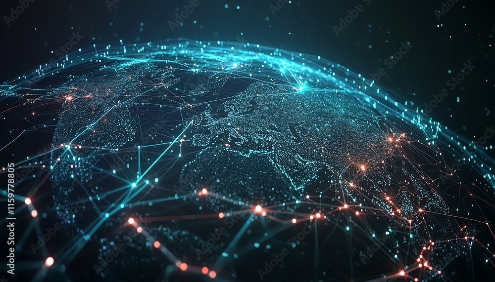 A global network on Earth with glowing data pathways and connected digital nodes, illustrating the power and reach of modern cyber technology and data transfer A global network on Earth with glowing data pathways and connected digital nodes, illustrating the power and reach of modern cyber technology and data transfer