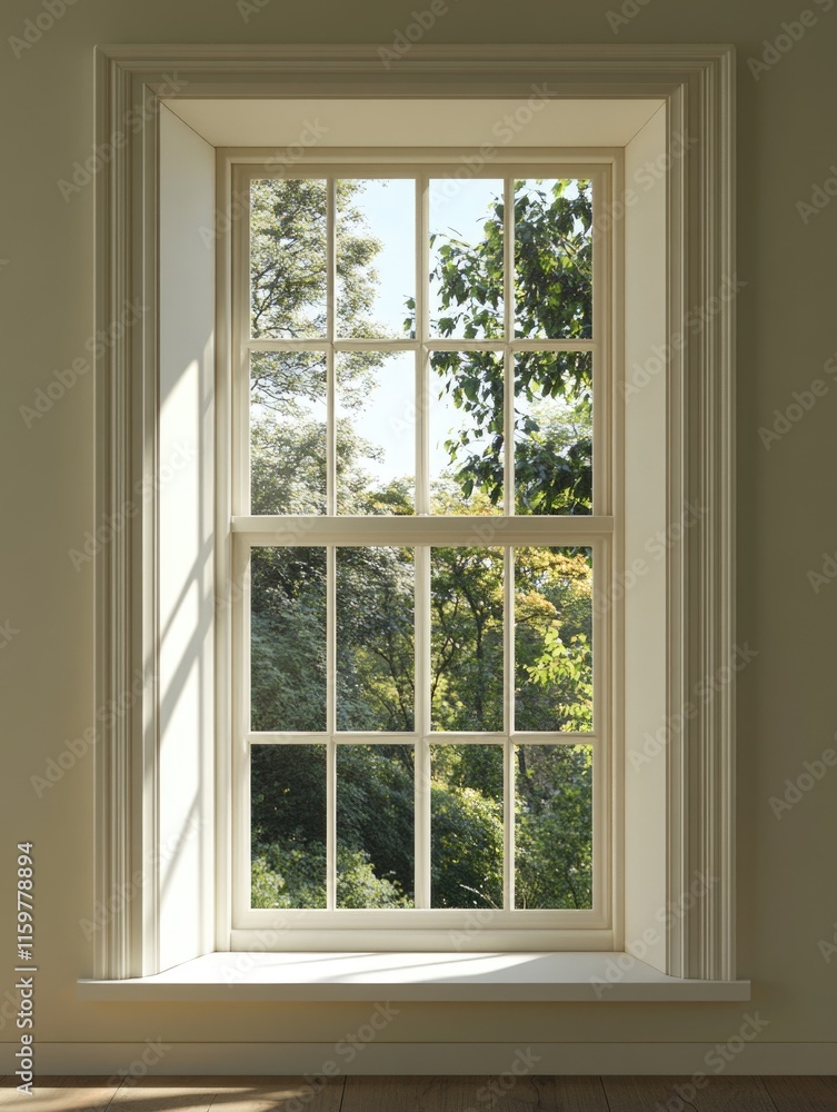 A bright room with a window letting in sunlight, showing an outdoor view of trees and sky.