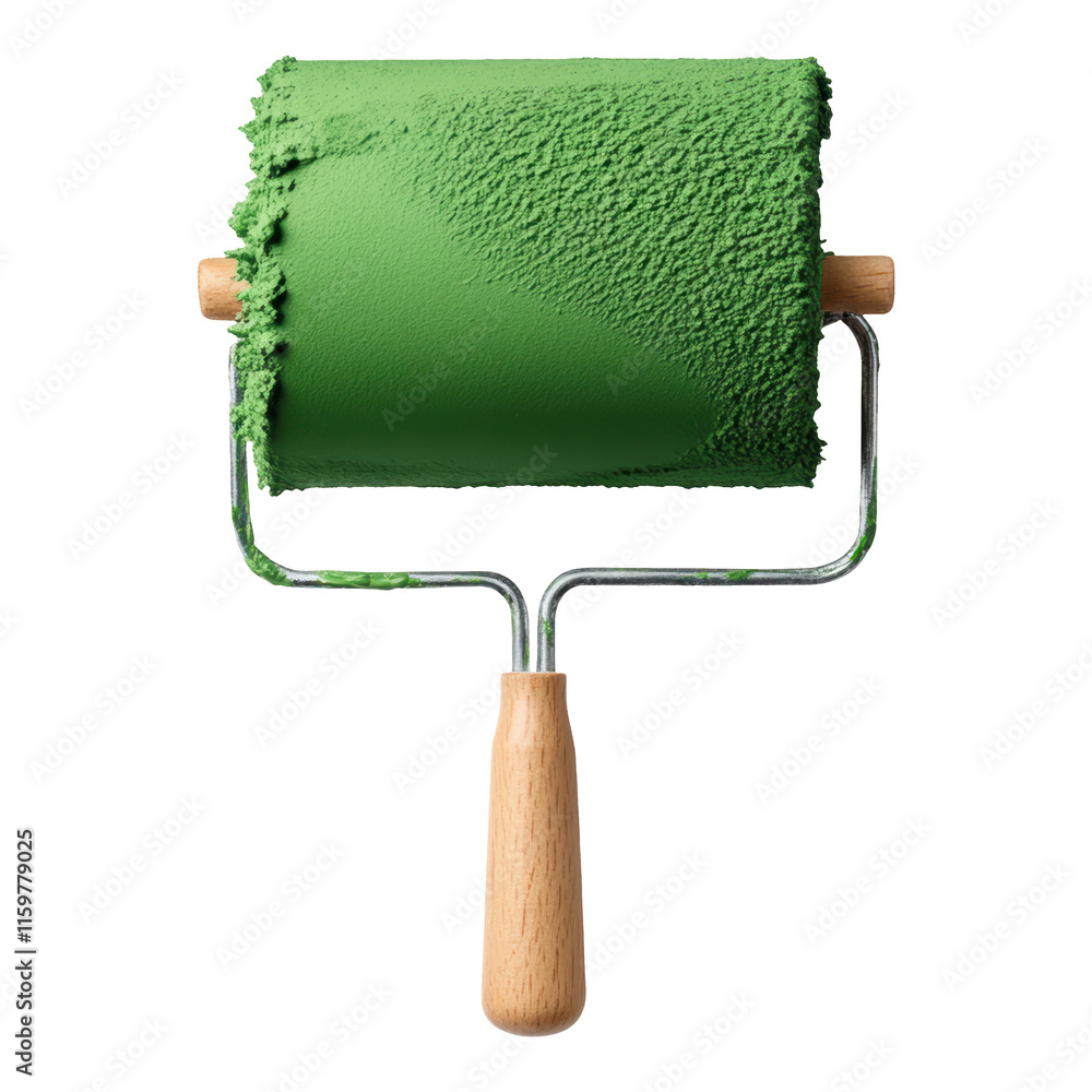 Obraz premium A green paint roller with a wooden handle, showcasing textured bristles covered in paint.