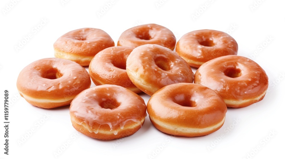 Six fresh glazed donuts arranged in a circle. Sugary topping and soft texture. Six fresh glazed donuts arranged in a circle. Sugary topping and soft texture.