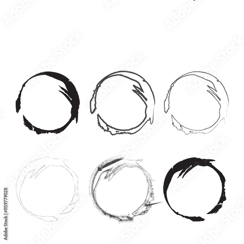 Variety of circular brush strokes and geometric shapes. Artistic round elements set. Vector illustration. EPS 10.