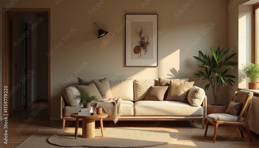 A serene living room features a beige sofa with a throw blanket, a wooden coffee table, a potted plant, and a framed artwork on the wall, bathed in soft light. A serene living room features a beige sofa with a throw blanket, a wooden coffee table, a potted plant, and a framed artwork on the wall, bathed in soft light.