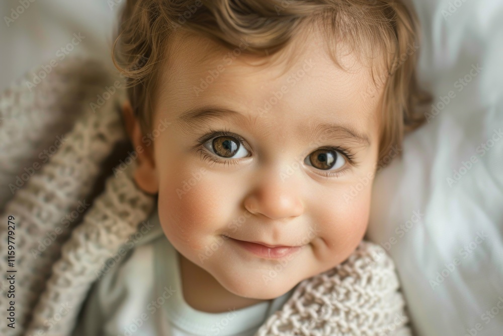 Bright-eyed infant, happy and content, lying down indoors Bright-eyed infant, happy and content, lying down indoors